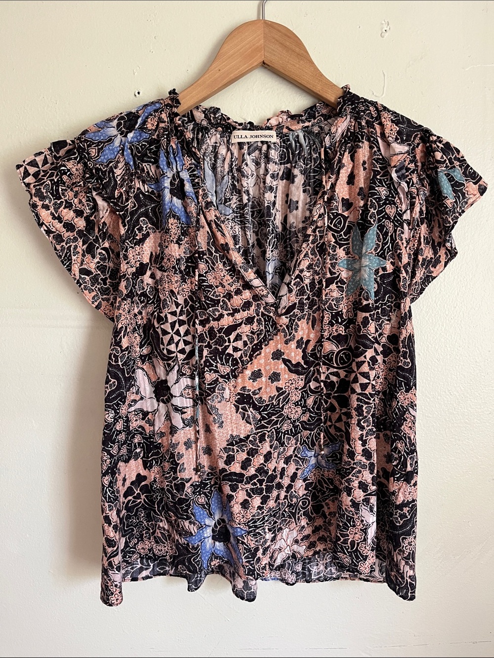 Ulla Johnson Pink and Black Floral V-Neck Flutter Sleeve Blouse